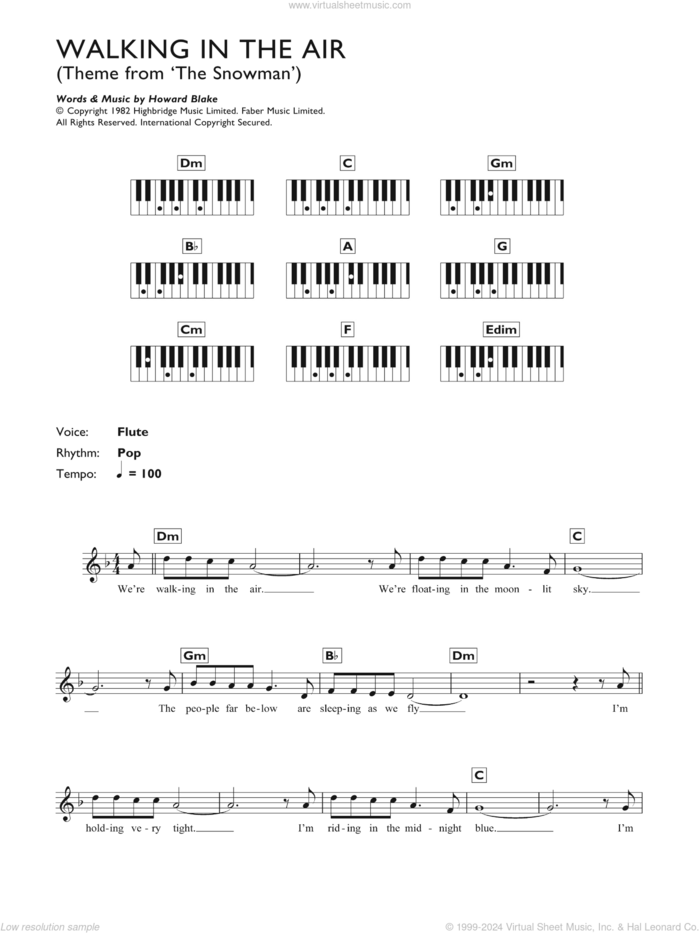 Walking In The Air (theme from The Snowman) sheet music for piano solo (chords, lyrics, melody) by Howard Blake and Aled Jones, intermediate piano (chords, lyrics, melody)