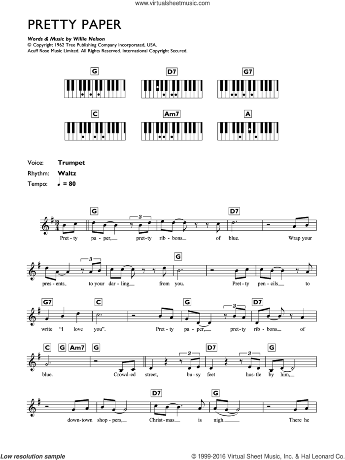 Pretty Paper sheet music for piano solo (chords, lyrics, melody) by Willie Nelson, intermediate piano (chords, lyrics, melody)