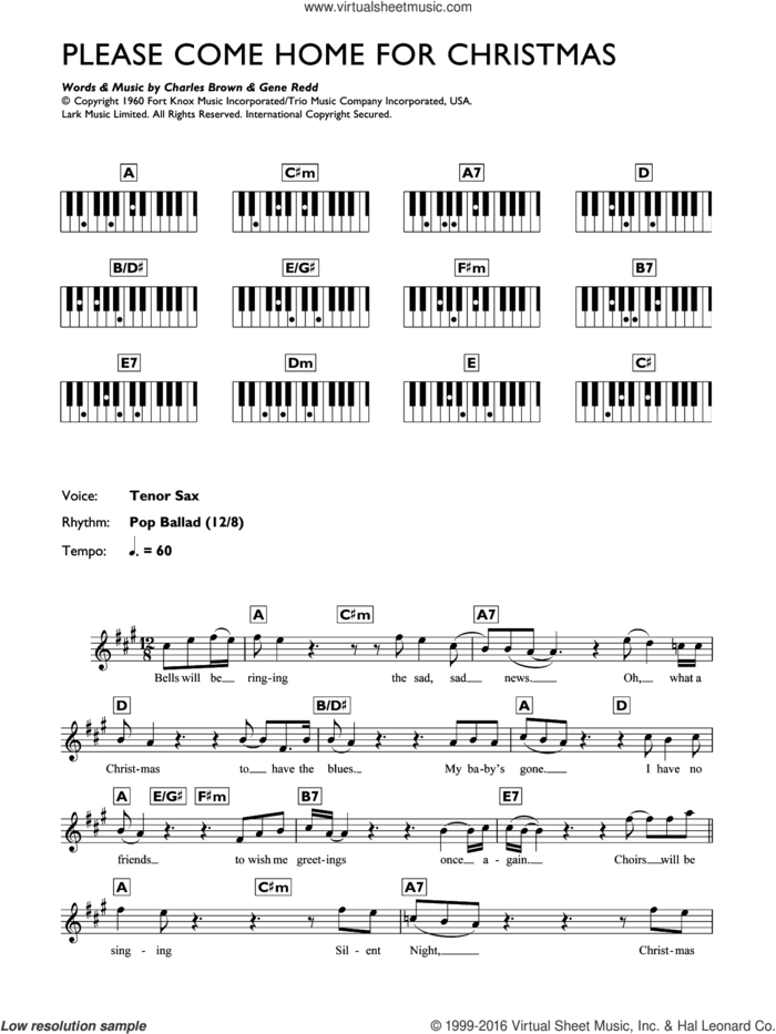 Please Come Home For Christmas sheet music for piano solo (chords, lyrics, melody) by Charles Brown, The Eagles and Gene Redd, intermediate piano (chords, lyrics, melody)