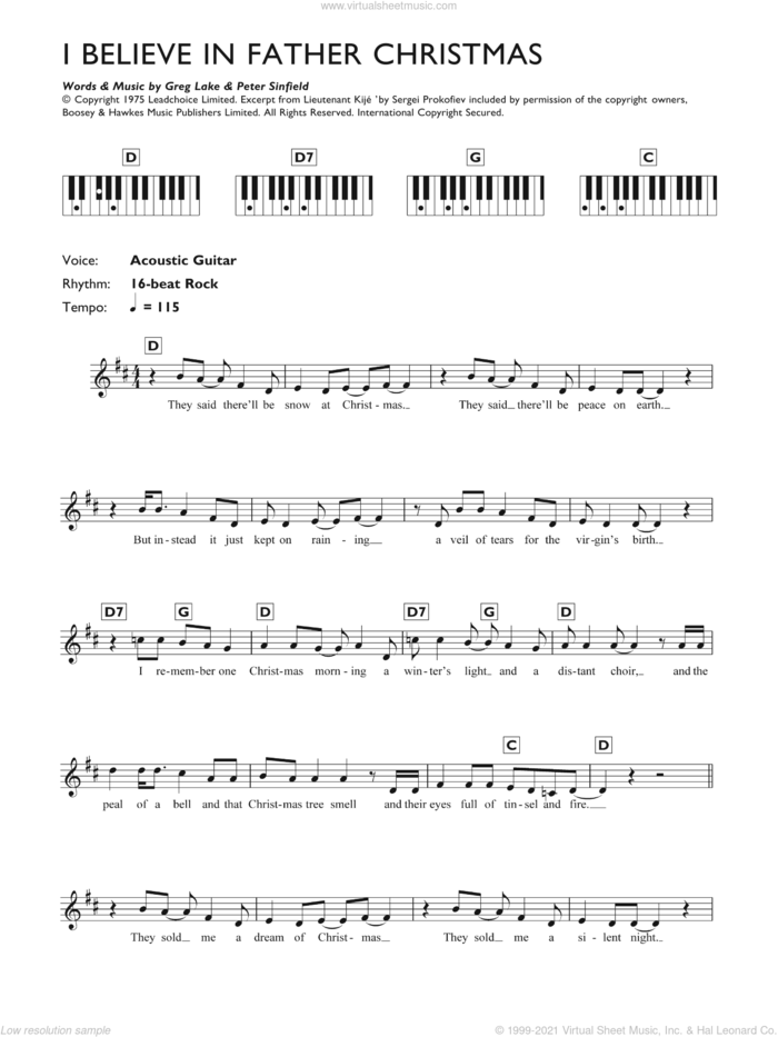I Believe In Father Christmas sheet music for piano solo (chords, lyrics, melody) by Greg Lake and Peter Sinfield, intermediate piano (chords, lyrics, melody)