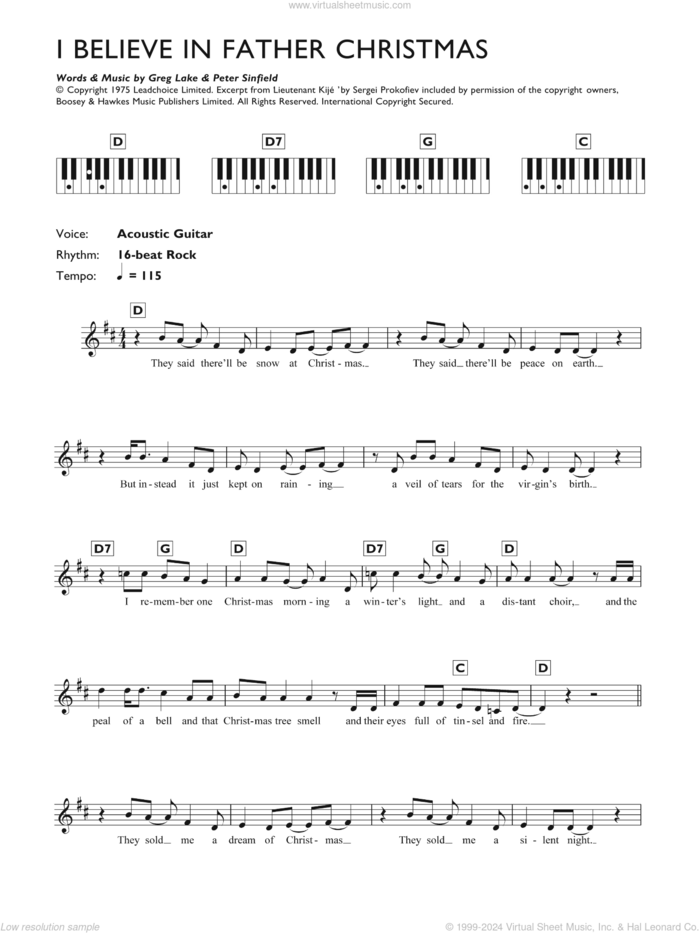 I Believe In Father Christmas sheet music for piano solo (chords, lyrics, melody) by Greg Lake and Peter Sinfield, intermediate piano (chords, lyrics, melody)