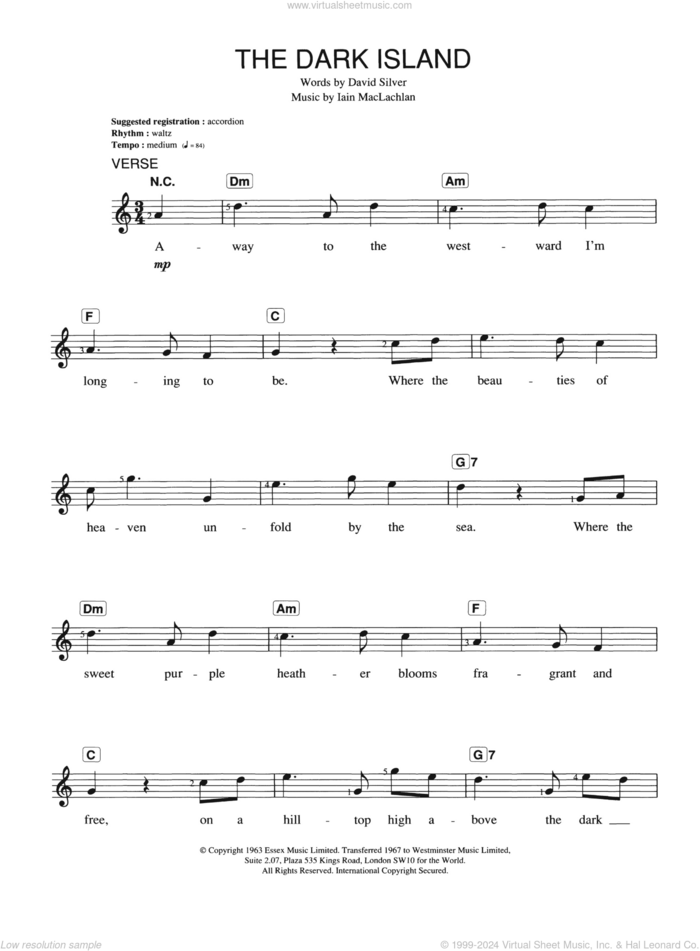 The Dark Island sheet music for piano solo (chords, lyrics, melody) by Iain Maclachlan and David Silver, intermediate piano (chords, lyrics, melody)