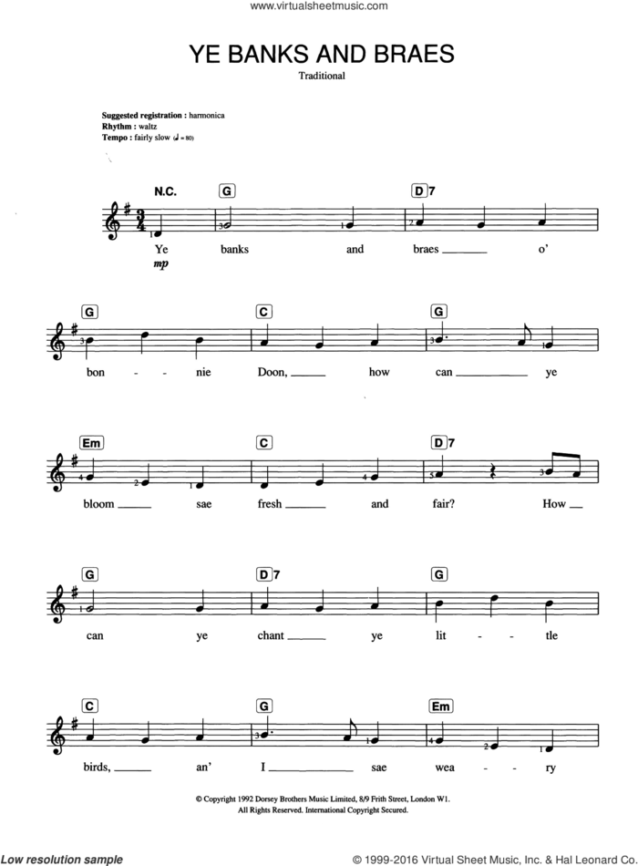 Ye Banks And Braes sheet music for piano solo (chords, lyrics, melody), intermediate piano (chords, lyrics, melody)