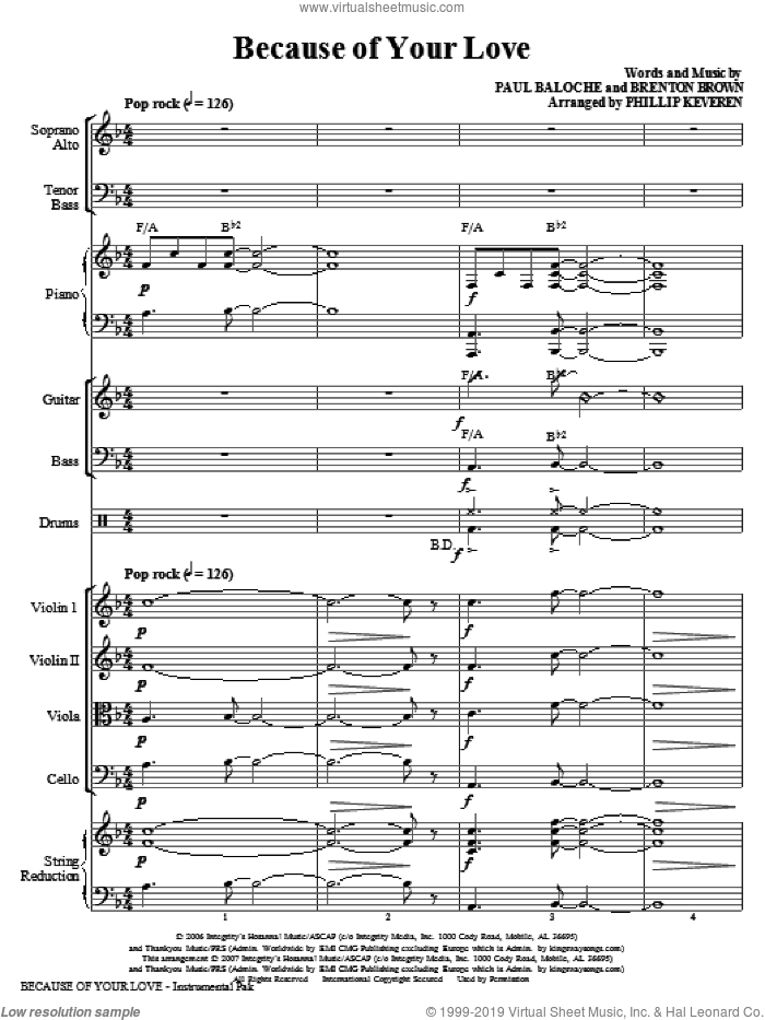 Because Of Your Love (arr. Phillip Keveren) (COMPLETE) sheet music for orchestra/band (Rhythm/Strings) by Phillip Keveren, Brenton Brown and Paul Baloche, intermediate skill level