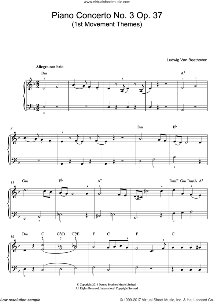 First Movement Themes (from Piano Concerto No.3, Op.37) sheet music for piano solo by Ludwig van Beethoven, classical score, easy skill level