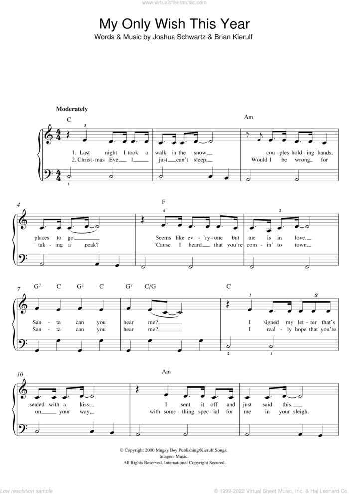 My Only Wish This Year sheet music for piano solo by Britney Spears, Brian Kierulf and Joshua Schwartz, easy skill level