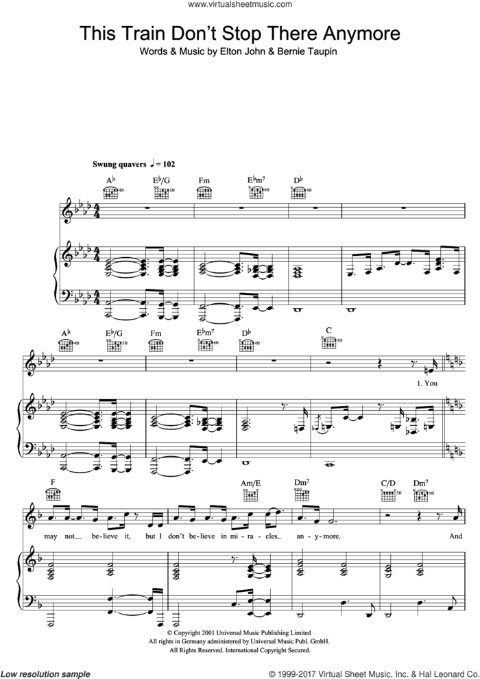 This Train Don't Stop There Anymore sheet music for voice, piano or guitar by Elton John and Bernie Taupin, intermediate skill level