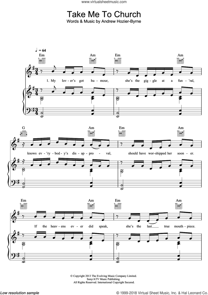 Take Me To Church sheet music for voice, piano or guitar by Hozier and Andrew Hozier-Byrne, intermediate skill level