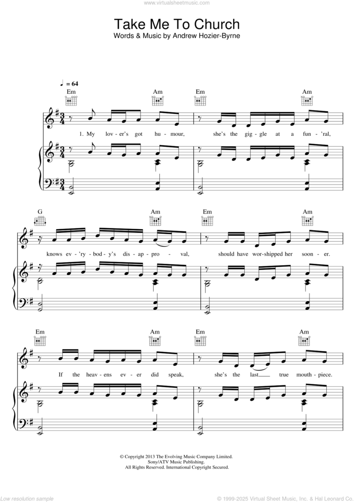 Take Me To Church sheet music for voice, piano or guitar by Hozier and Andrew Hozier-Byrne, intermediate skill level