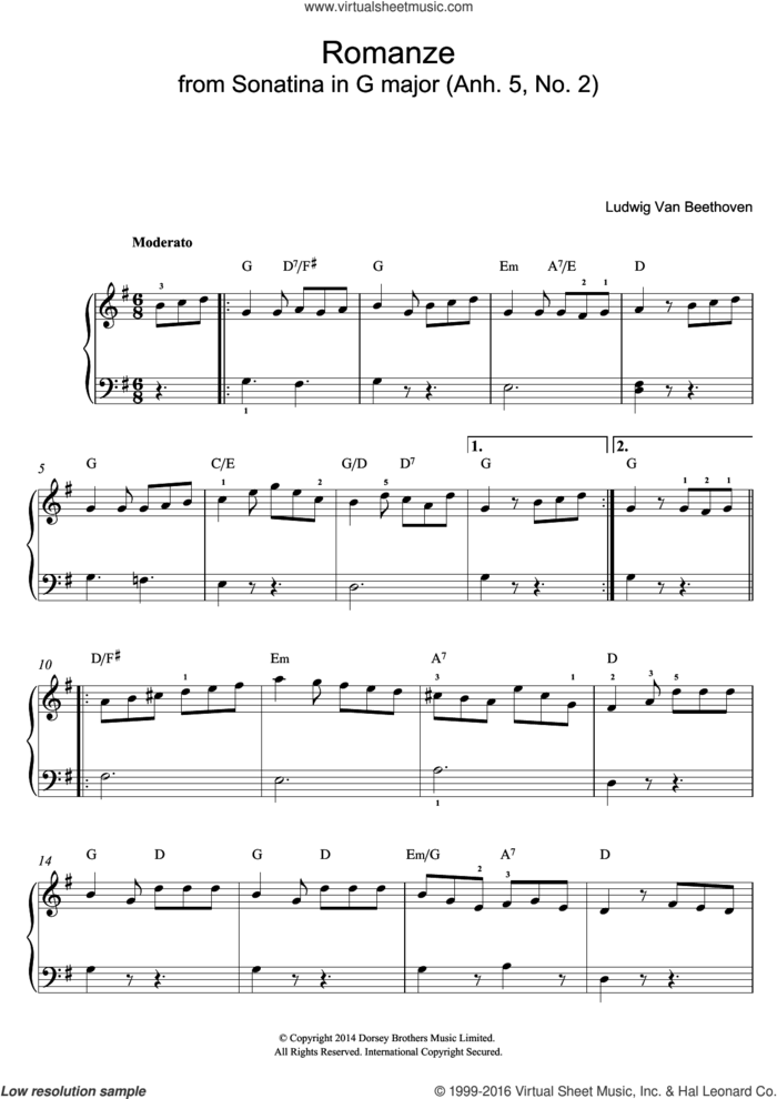 Romanze From Sonatina In G Major (Anh. 5, No. 2) sheet music for piano solo by Ludwig van Beethoven, classical score, easy skill level