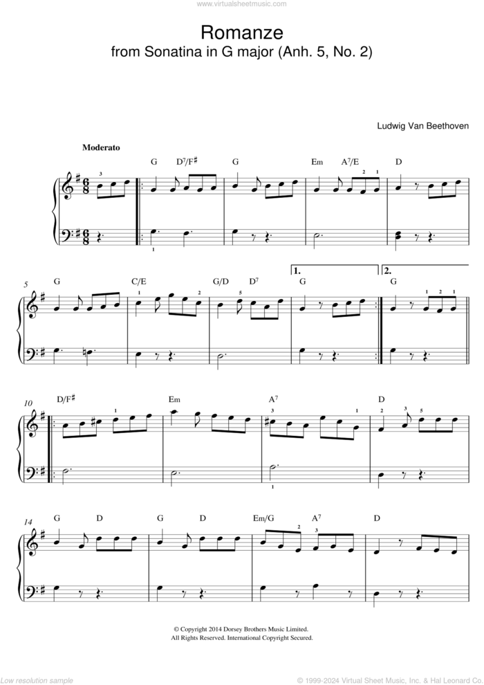 Romanze From Sonatina In G Major (Anh. 5, No. 2) sheet music for piano solo by Ludwig van Beethoven, classical score, easy skill level