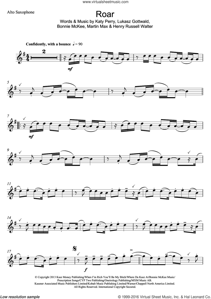 Roar sheet music for alto saxophone solo by Katy Perry, Bonnie McKee, Henry Russell Walter, Lukasz Gottwald and Martin Max, intermediate skill level