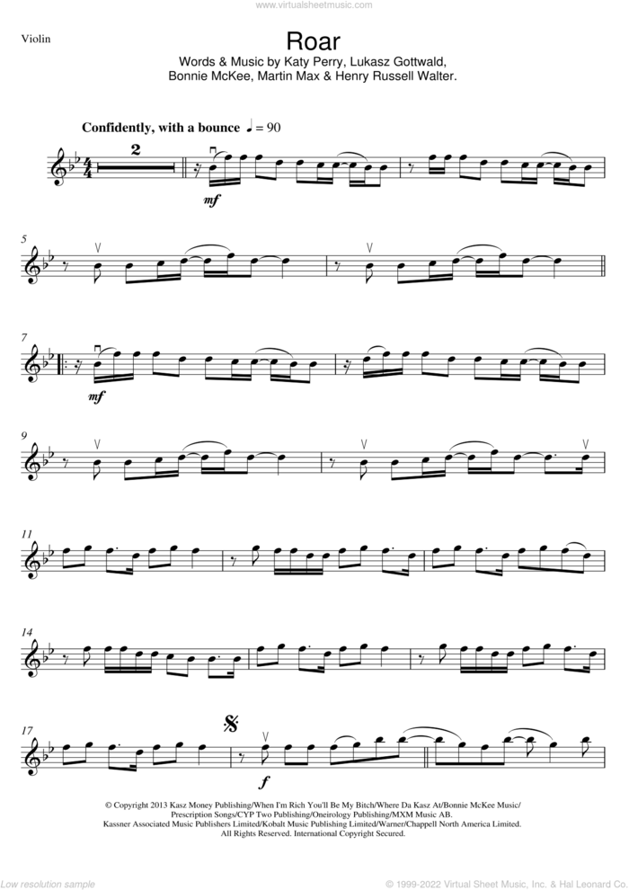 Roar sheet music for violin solo by Katy Perry, Bonnie McKee, Henry Russell Walter, Lukasz Gottwald and Martin Max, intermediate skill level