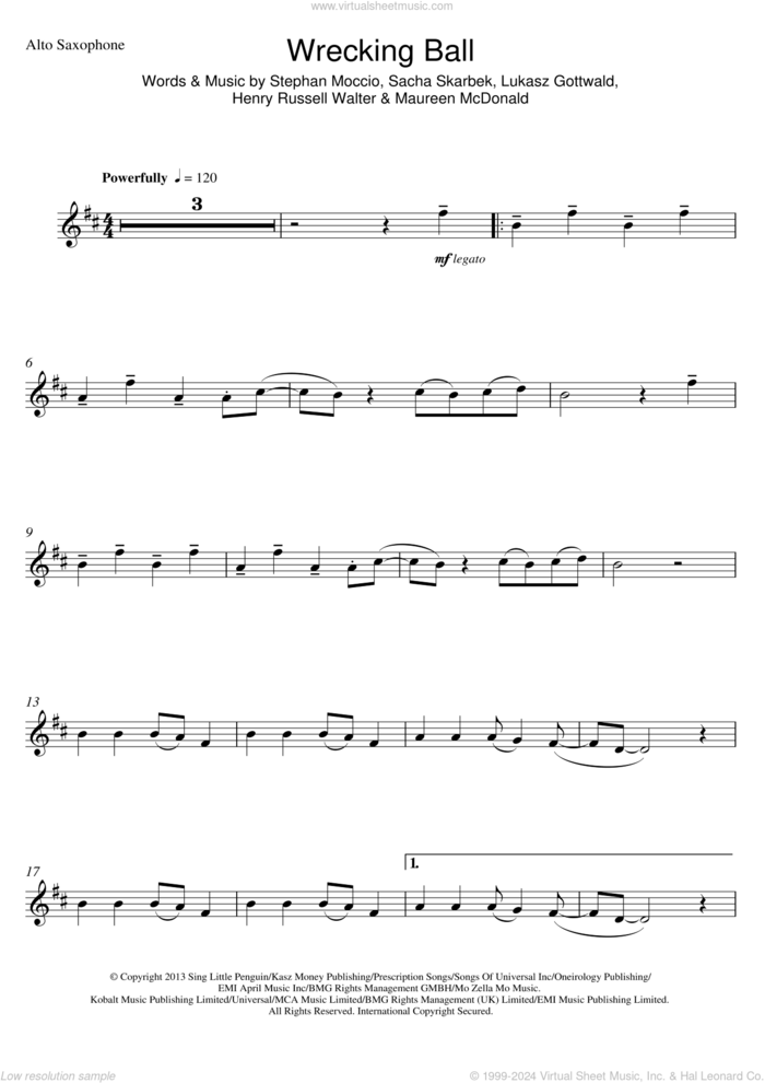 Wrecking Ball sheet music for alto saxophone solo by Miley Cyrus, Henry Russell Walter, Lukasz Gottwald, Maureen McDonald, Sacha Skarbek and Stephan Moccio, intermediate skill level