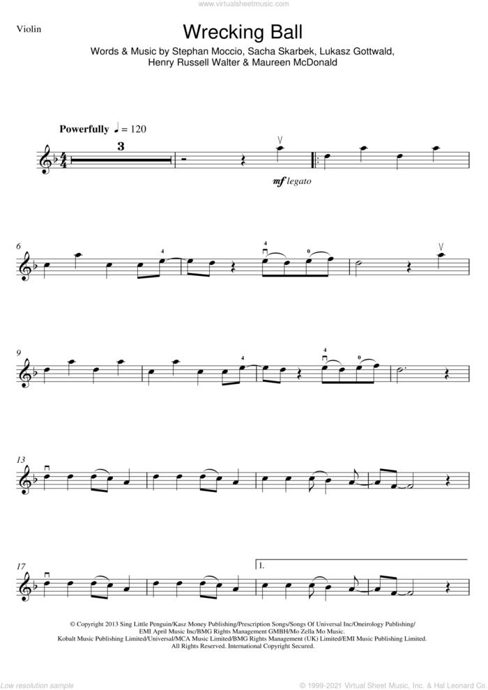Wrecking Ball sheet music for violin solo by Miley Cyrus, Henry Russell Walter, Lukasz Gottwald, Maureen McDonald, Sacha Skarbek and Stephan Moccio, intermediate skill level
