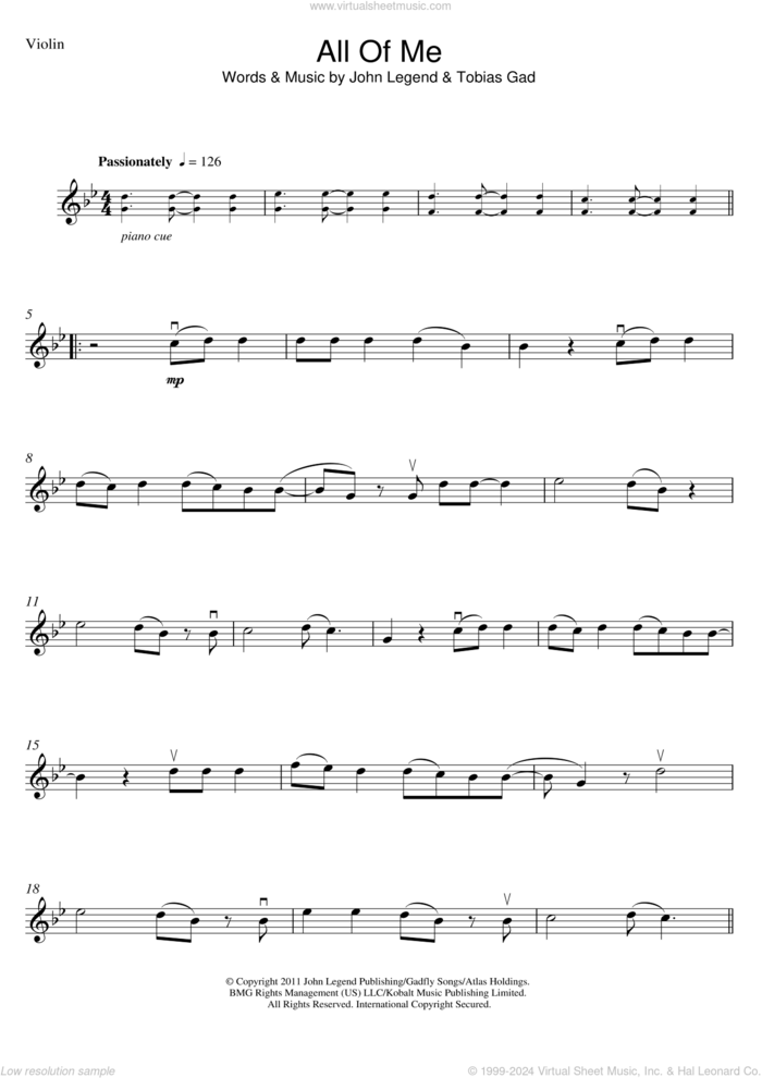 All Of Me sheet music for violin solo by John Legend and Toby Gad, wedding score, intermediate skill level