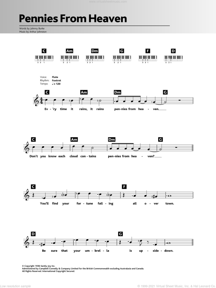 Pennies From Heaven sheet music for piano solo (chords, lyrics, melody) by Louis Armstrong, Arthur Johnston and John Burke, intermediate piano (chords, lyrics, melody)
