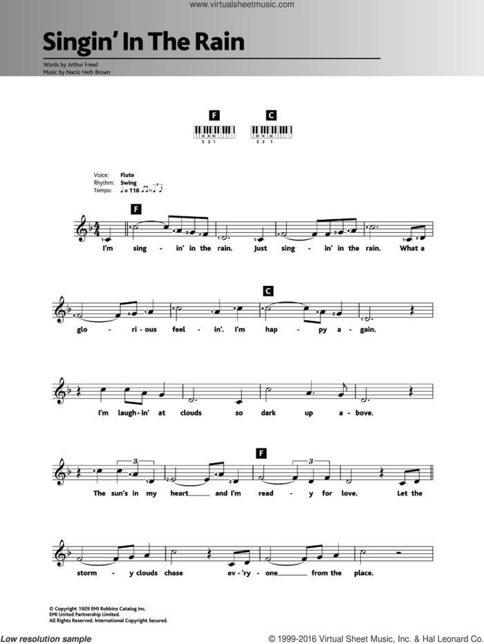 Singin' In The Rain sheet music for piano solo (chords, lyrics, melody) by Gene Kelly, Nacio Herb Brown and Arthur Freed, intermediate piano (chords, lyrics, melody)
