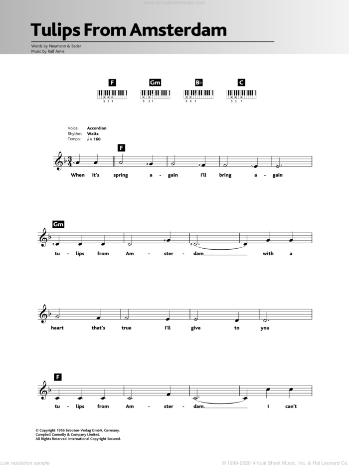 Tulips From Amsterdam sheet music for piano solo (chords, lyrics, melody) by Max Bygraves, Ralf Arnie, Bader and Neumann, intermediate piano (chords, lyrics, melody)