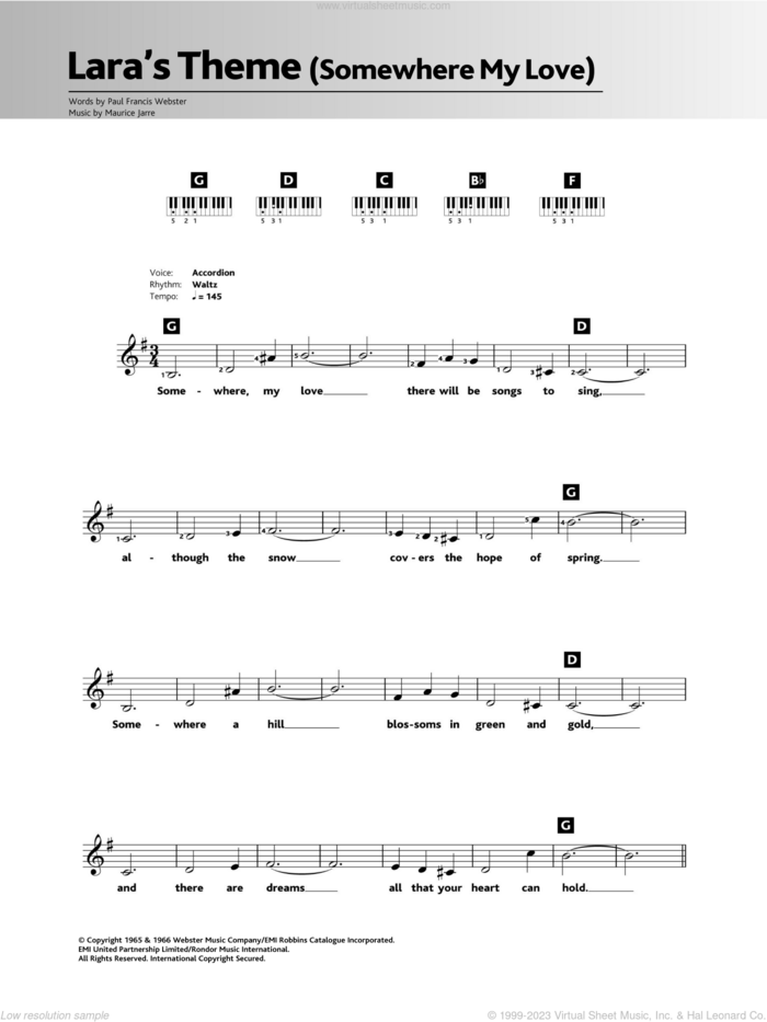 Somewhere My Love (Lara's Theme) sheet music for piano solo (chords, lyrics, melody) by Maurice Jarre and Paul Francis Webster, intermediate piano (chords, lyrics, melody)