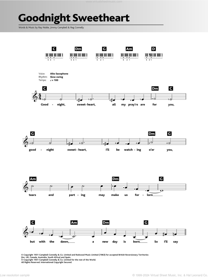 Goodnight Sweetheart sheet music for piano solo (chords, lyrics, melody) by Al Bowlly, Jimmy Campbell, Ray Noble and Reg Connelly, intermediate piano (chords, lyrics, melody)