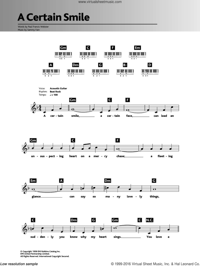 A Certain Smile sheet music for piano solo (chords, lyrics, melody) by Johnny Mathis, Sammy Fain and Paul Francis Webster, intermediate piano (chords, lyrics, melody)