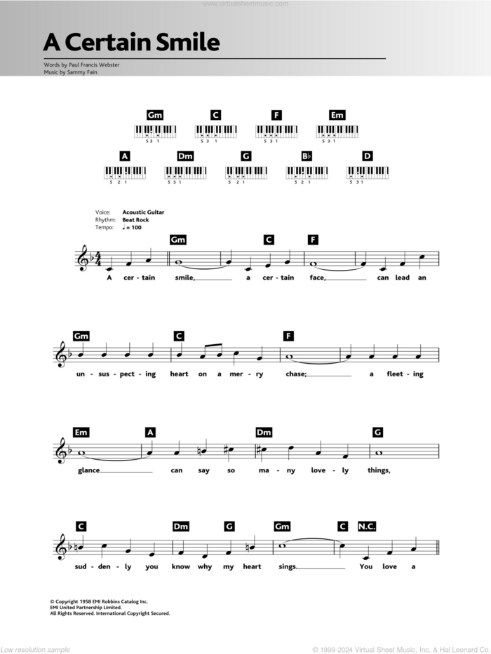 A Certain Smile sheet music for piano solo (chords, lyrics, melody) by Johnny Mathis, Sammy Fain and Paul Francis Webster, intermediate piano (chords, lyrics, melody)