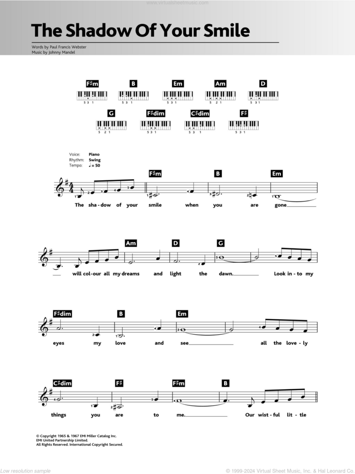 The Shadow Of Your Smile sheet music for piano solo (chords, lyrics, melody) by Tony Bennett, Johnny Mandel and Paul Francis Webster, intermediate piano (chords, lyrics, melody)