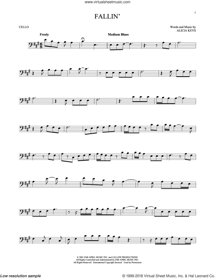 Fallin' sheet music for cello solo by Alicia Keys, intermediate skill level