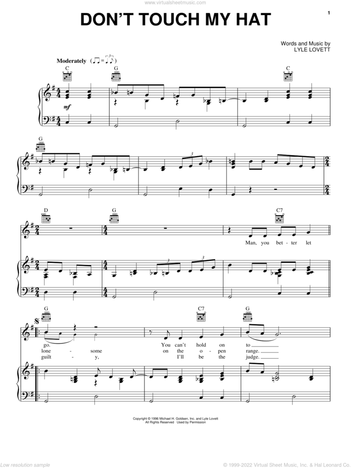Don't Touch My Hat sheet music for voice, piano or guitar by Lyle Lovett, intermediate skill level