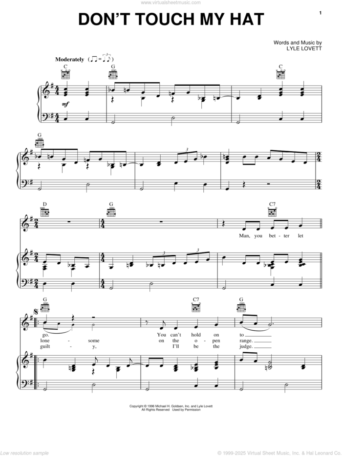 Don't Touch My Hat sheet music for voice, piano or guitar by Lyle Lovett, intermediate skill level