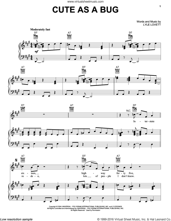 Cute As A Bug sheet music for voice, piano or guitar by Lyle Lovett, intermediate skill level