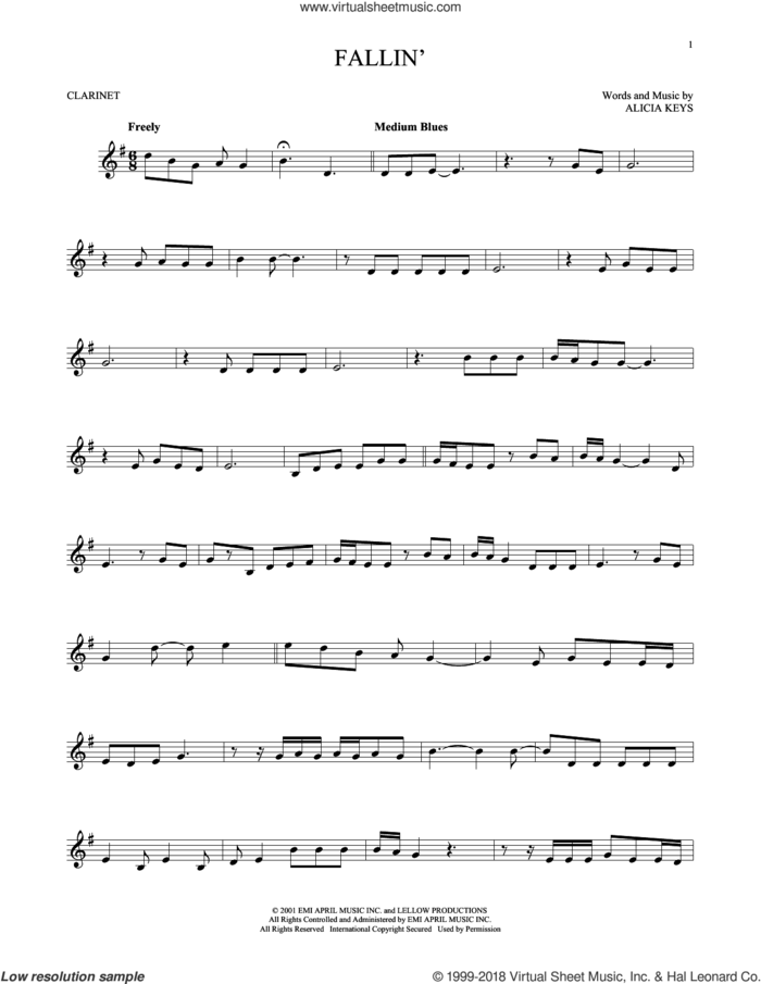 Fallin' sheet music for clarinet solo by Alicia Keys, intermediate skill level