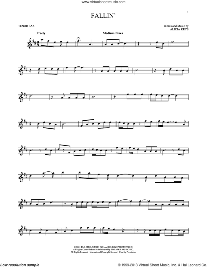 Fallin' sheet music for tenor saxophone solo by Alicia Keys, intermediate skill level
