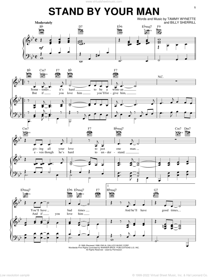 Stand By Your Man sheet music for voice, piano or guitar by Lyle Lovett, Billy Sherrill and Tammy Wynette, intermediate skill level