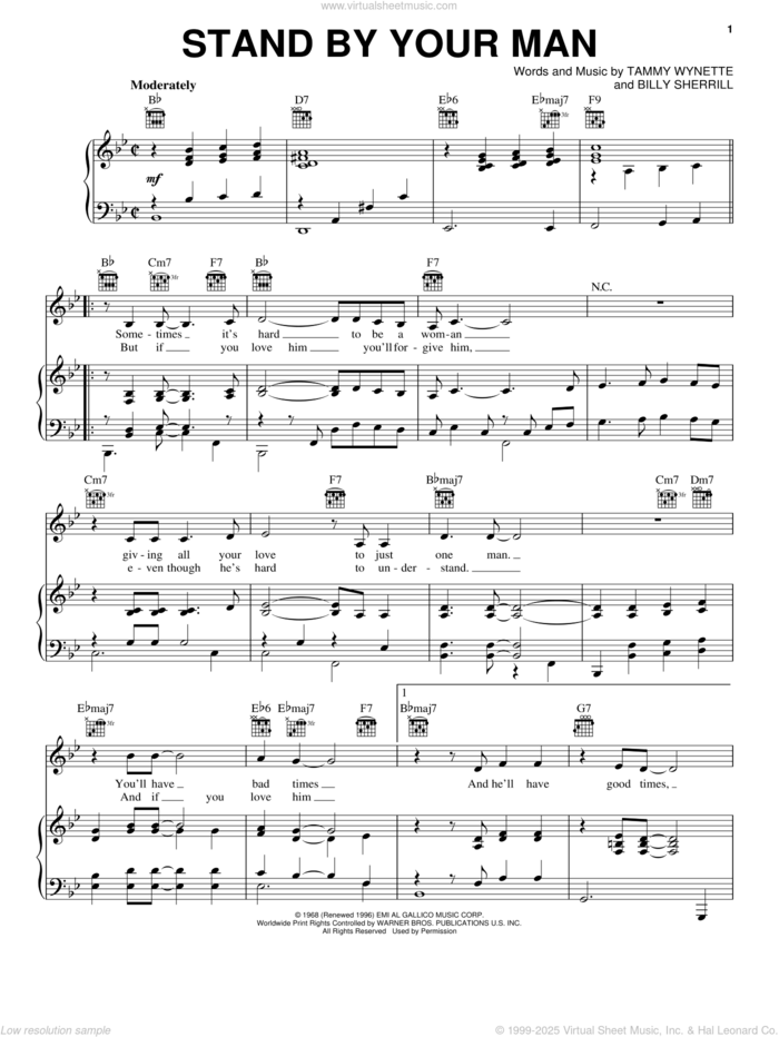 Stand By Your Man sheet music for voice, piano or guitar by Lyle Lovett, Billy Sherrill and Tammy Wynette, intermediate skill level