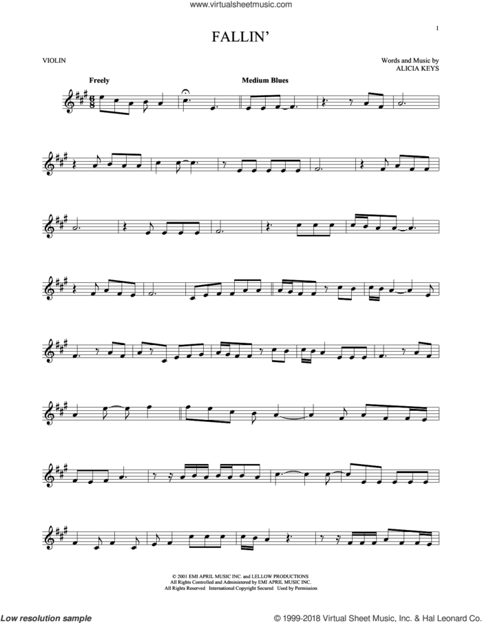 Fallin' sheet music for violin solo by Alicia Keys, intermediate skill level