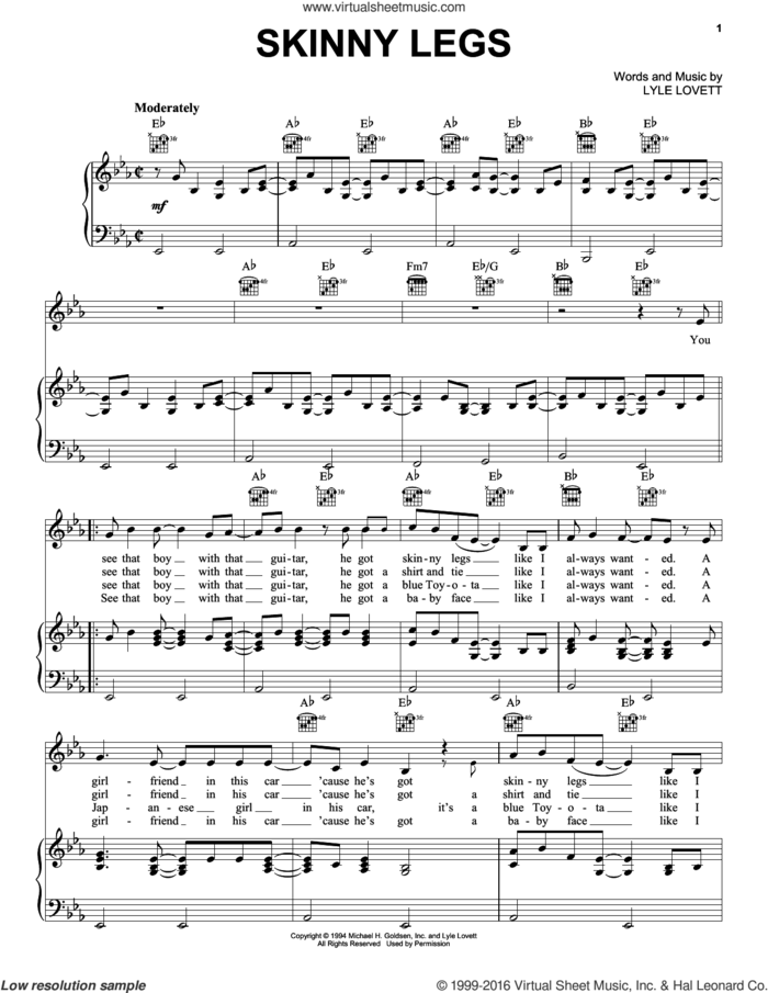 Skinny Legs sheet music for voice, piano or guitar by Lyle Lovett, intermediate skill level