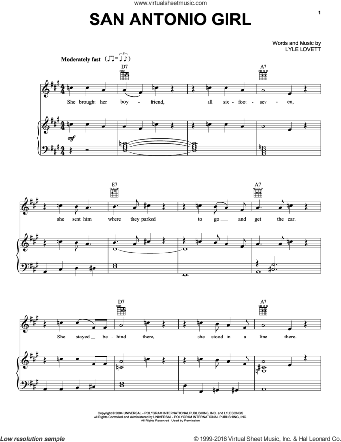 San Antonio Girl sheet music for voice, piano or guitar by Lyle Lovett, intermediate skill level