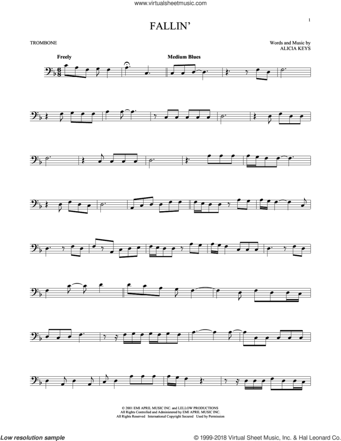 Fallin' sheet music for trombone solo by Alicia Keys, intermediate skill level