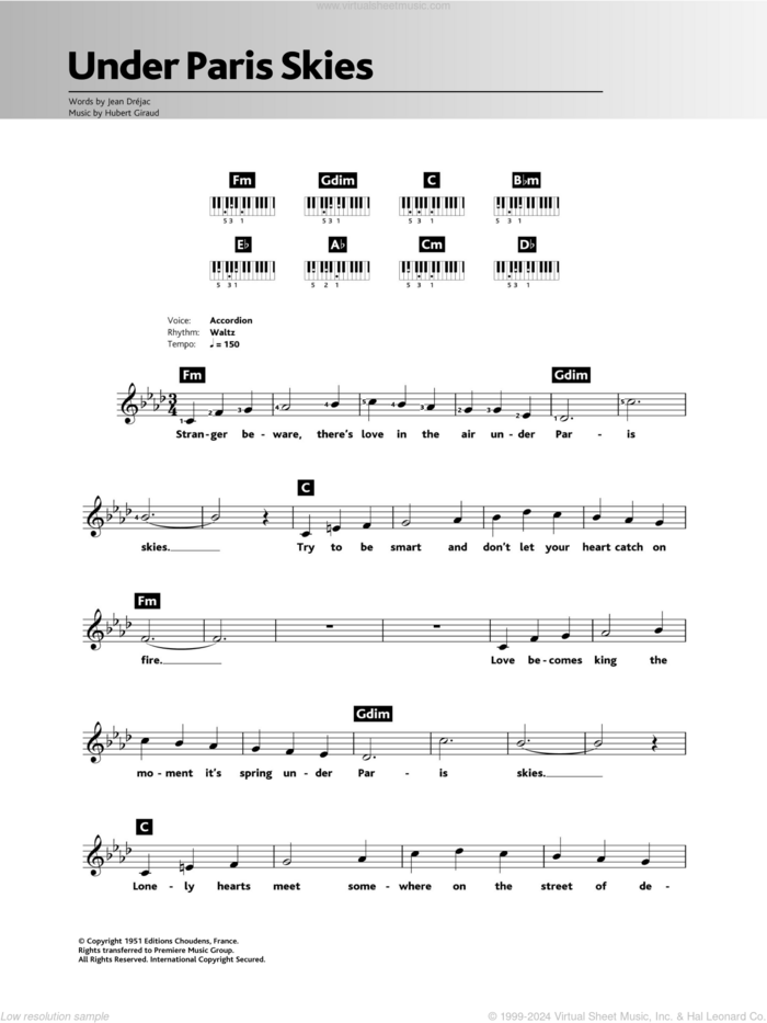 Under Paris Skies (Sous Le Ciel De Paris) sheet music for piano solo (chords, lyrics, melody) by Andy Williams, Hubert Giraud, Jean Drejac and Kim Gannon, intermediate piano (chords, lyrics, melody)