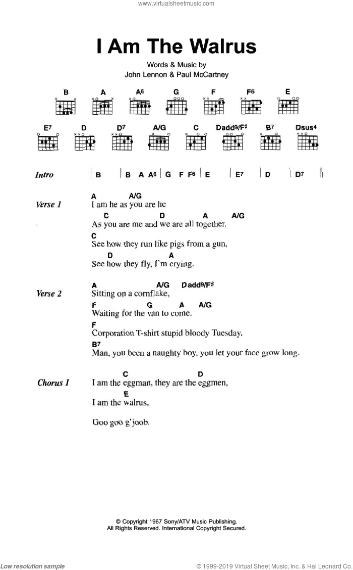 I Am The Walrus sheet music for guitar (chords) by The Beatles, Oasis, John Lennon and Paul McCartney, intermediate skill level