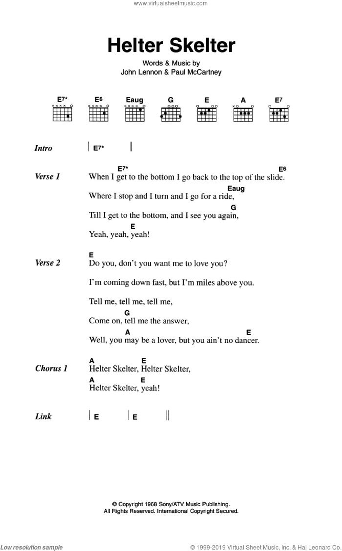 Helter Skelter sheet music for guitar (chords) by The Beatles, John Lennon and Paul McCartney, intermediate skill level