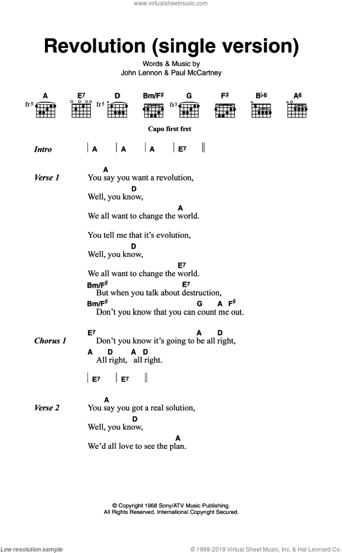 Revolution (Single Version) sheet music for guitar (chords) by The Beatles, John Lennon and Paul McCartney, intermediate skill level