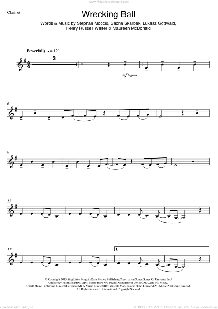 Wrecking Ball sheet music for clarinet solo by Miley Cyrus, Henry Russell Walter, Lukasz Gottwald, Maureen McDonald, Sacha Skarbek and Stephan Moccio, intermediate skill level