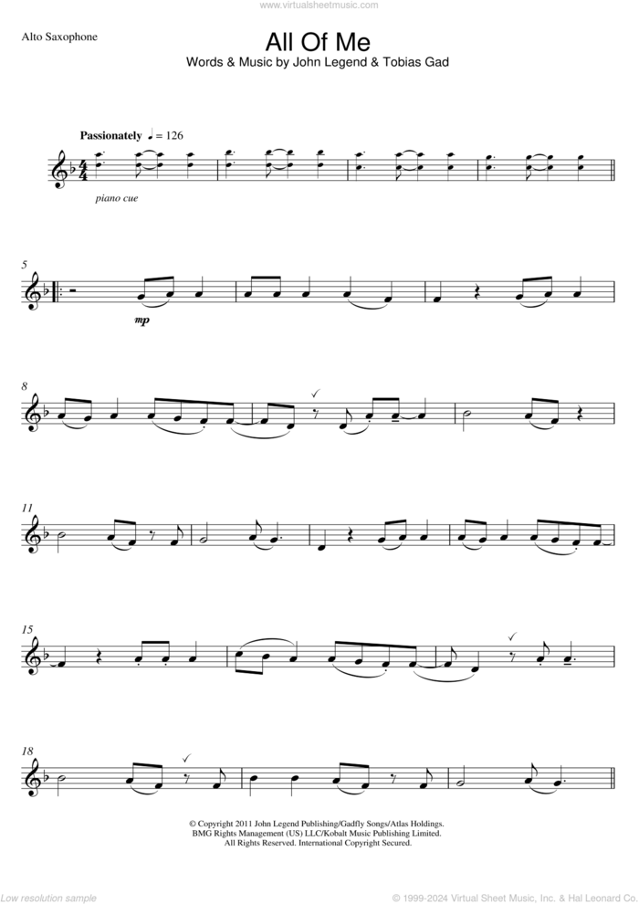 All Of Me sheet music for alto saxophone solo by John Legend and Toby Gad, wedding score, intermediate skill level