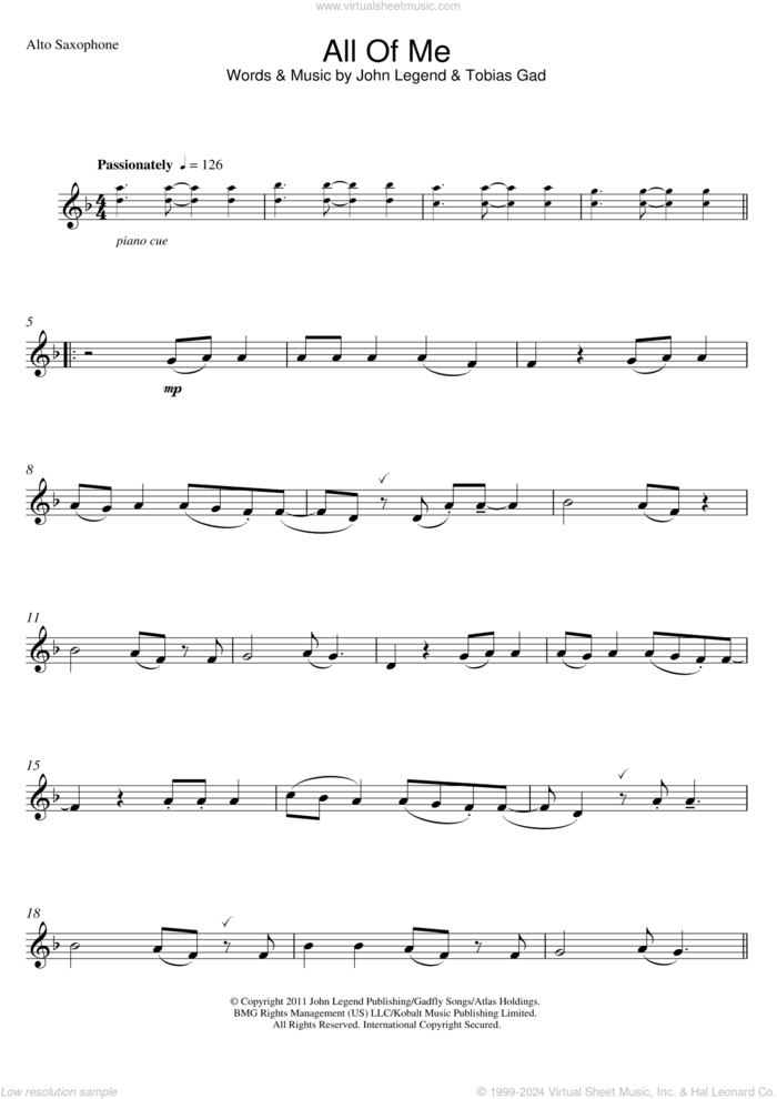 All Of Me sheet music for alto saxophone solo by John Legend and Toby Gad, wedding score, intermediate skill level