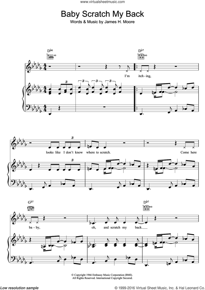 Baby Scratch My Back sheet music for voice, piano or guitar by Otis Redding and James H. Moore, intermediate skill level
