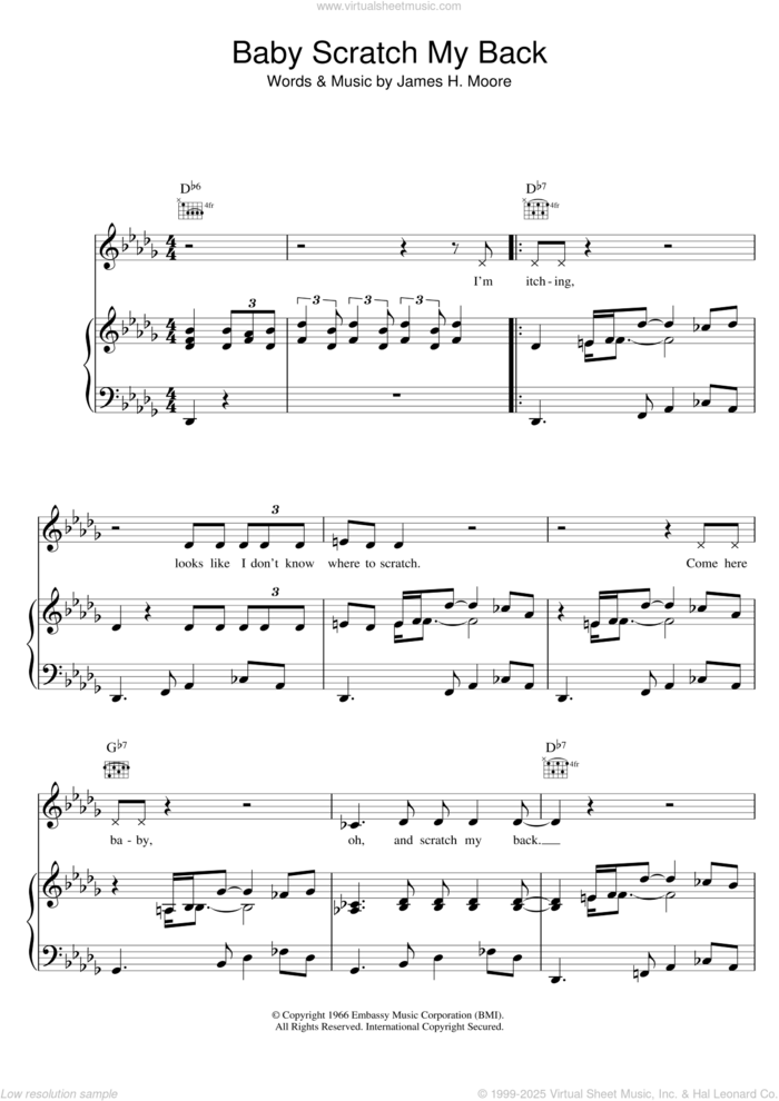 Baby Scratch My Back sheet music for voice, piano or guitar by Otis Redding and James H. Moore, intermediate skill level