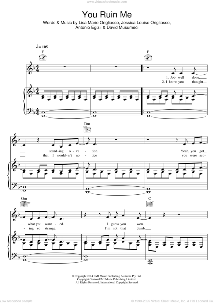 You Ruin Me sheet music for voice, piano or guitar by The Veronicas, Antonio Egizii, David Musumeci, Jessica Louise Origliasso and Lisa Marie Origliasso, intermediate skill level